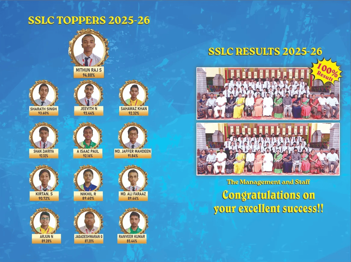 SSLC Board Examination Toppers 2025-2026 proudly achieving 100% Result